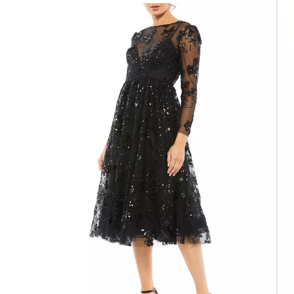 Mac Duggal | Floral Beaded & Sequined Midi-Dress